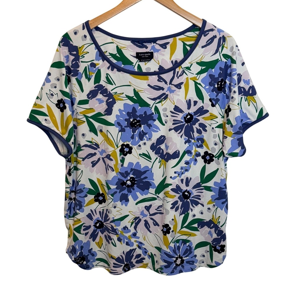Kate Spade Floral Raglan Top Sz XL Blue Green Short Sleeve Scoop Neck Blouse